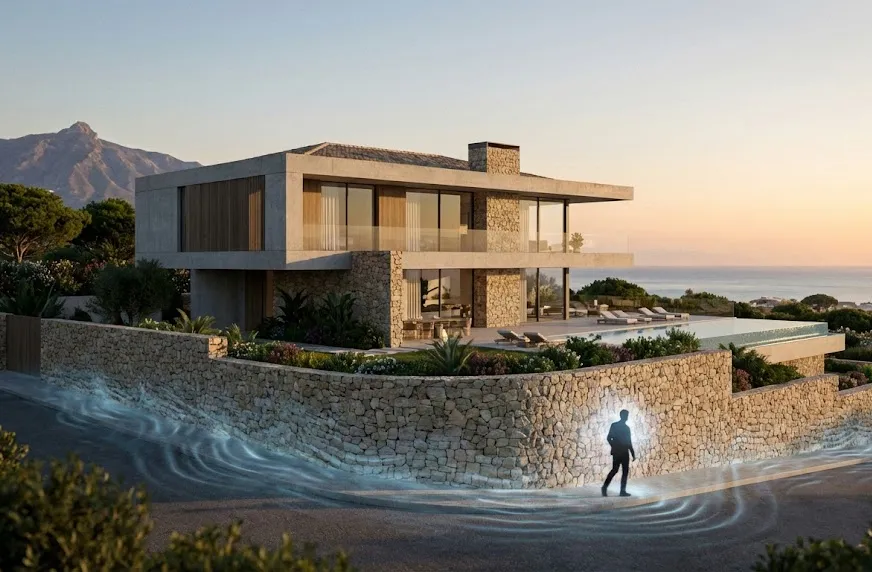 Cable sensor en muro paa detección perimetral de intrusos en una vivienda de Estepona