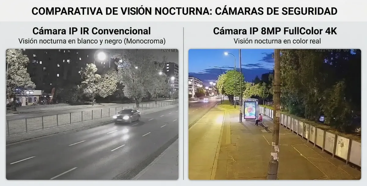 Comparativa de imágenes entre cámara de seguridad convencional monocroma y full color 8 K.