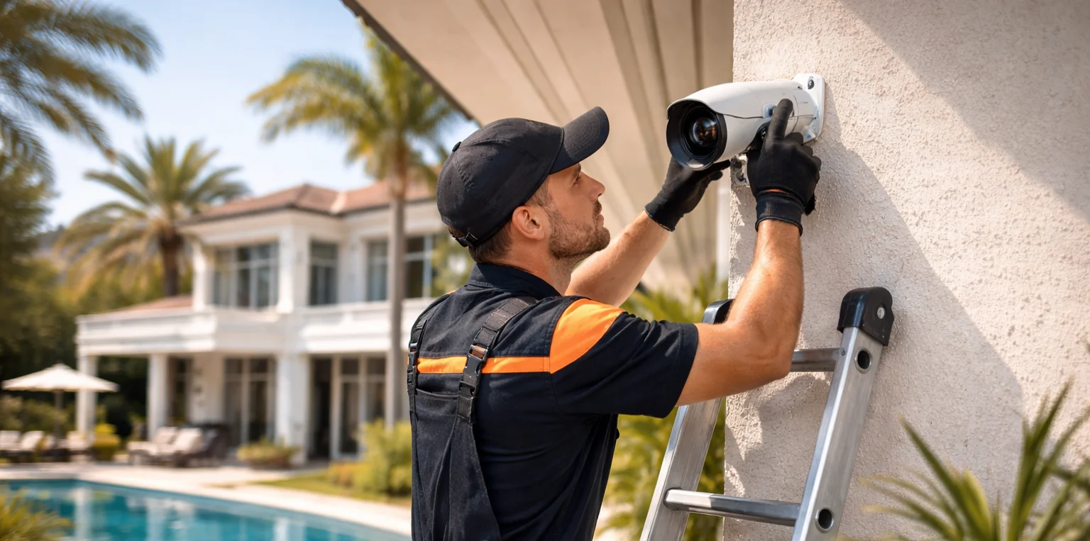 Instalador de marbejer seguridad, colocando una cámara de vigilancia exterior.